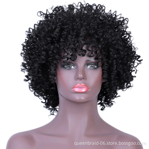 Wholesale Afro Kinky Curly Short Bob Wig Black Synthetic Hair Wig With Bangs For Black Women Short Bob Wigs